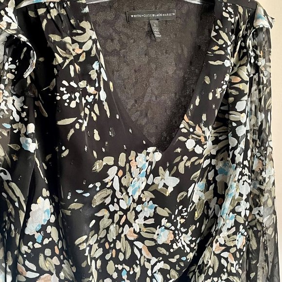 WHBM Floral Metallic Sheer Print Blouse Sz 2 Balloon Sleeve V Lined Black/Blue - Picture 9 of 16